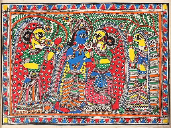 Madhubani Painting - Radha Krishna with Gopis